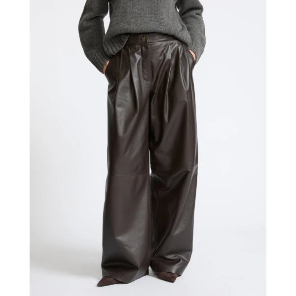 Yves Salomon Wide Lambskin Leather Trousers in Brown | Wide leg pants | Coveti