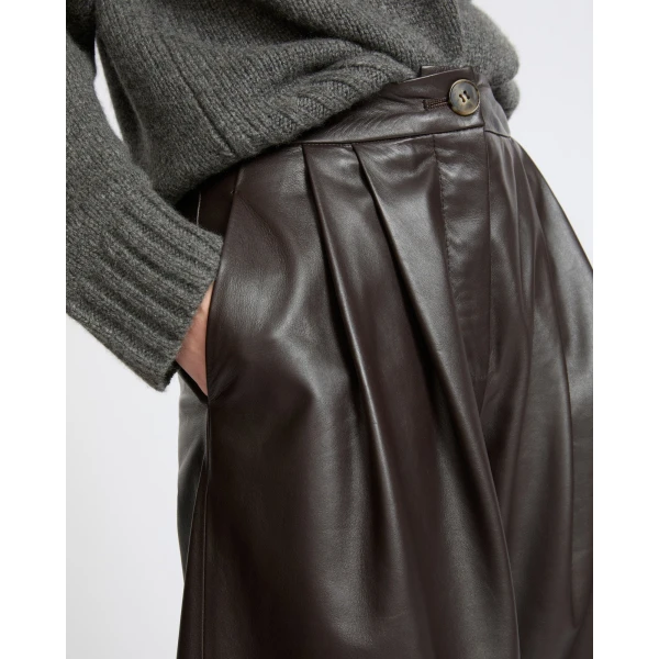 Yves Salomon Wide Lambskin Leather Trousers in Brown | Wide leg pants | Coveti
