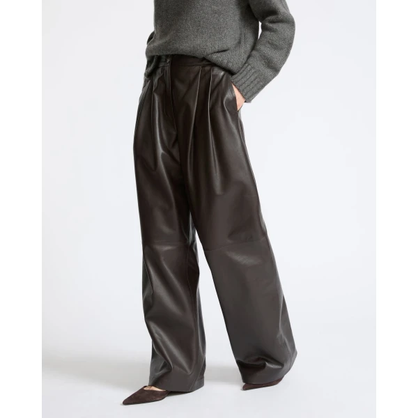 Yves Salomon Wide Lambskin Leather Trousers in Brown | Wide leg pants | Coveti
