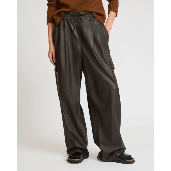 Yves Salomon Wide-Leg Trousers in Thin Lambskin Leather in Brown | Wide leg pants | Coveti