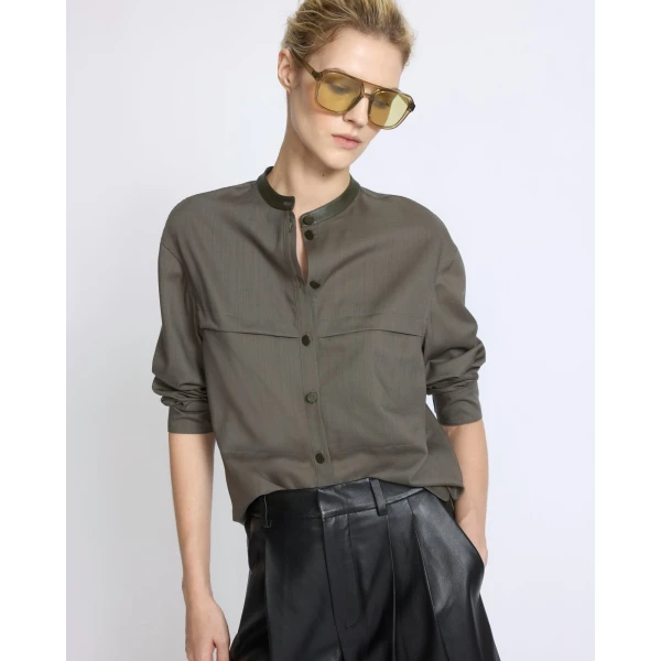 Yves Salomon Wool Voile Shirt with Leather Details in Grey Khaki | Shirts | Coveti