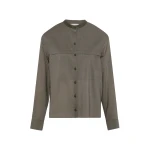 Yves Salomon Wool Voile Shirt with Leather Details in Grey Khaki | Shirts | Coveti