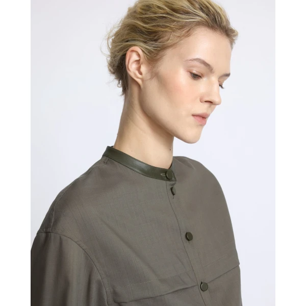 Yves Salomon Wool Voile Shirt with Leather Details in Grey Khaki | Shirts | Coveti