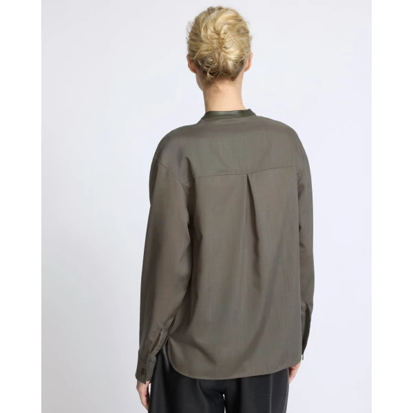 Yves Salomon Wool Voile Shirt with Leather Details in Grey Khaki | Shirts | Coveti
