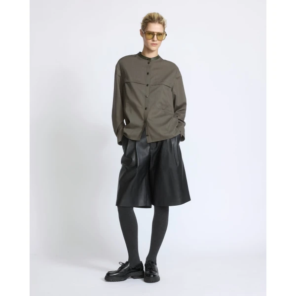 Yves Salomon Wool Voile Shirt with Leather Details in Grey Khaki | Shirts | Coveti
