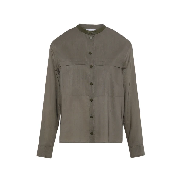 Wool Voile Shirt with Leather Details in Grey Khaki