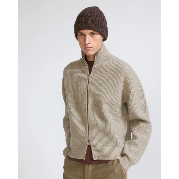 Yves Salomon Wool and Cashmere High-Neck Zip Sweater in Sand | Men's Knitwear | Coveti