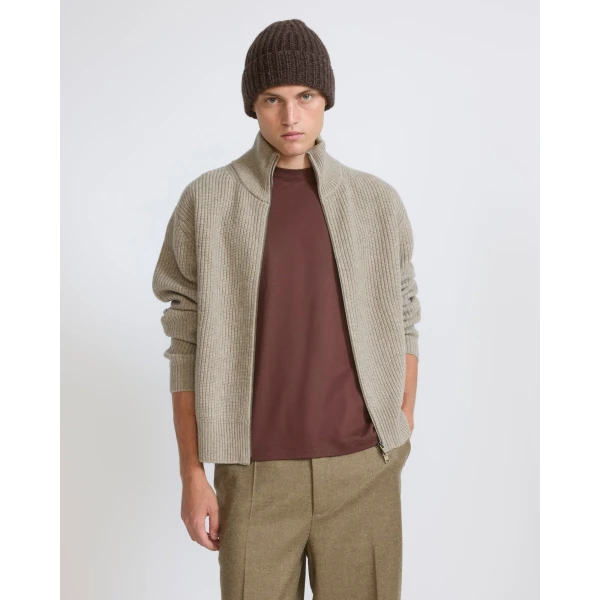 Yves Salomon Wool and Cashmere High-Neck Zip Sweater in Sand | Men's Knitwear | Coveti
