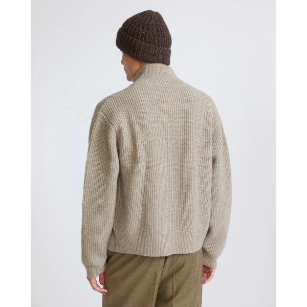 Yves Salomon Wool and Cashmere High-Neck Zip Sweater in Sand | Men's Knitwear | Coveti