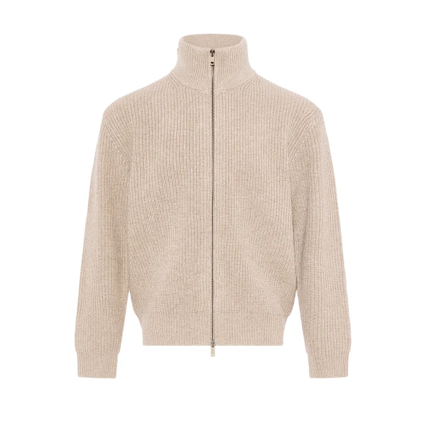 Wool and Cashmere High-Neck Zip Sweater in Sand