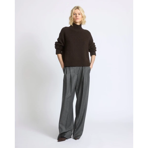 Yves Salomon Wool and Cashmere Pleated Wide Trousers in Grey | Wide leg pants | Coveti