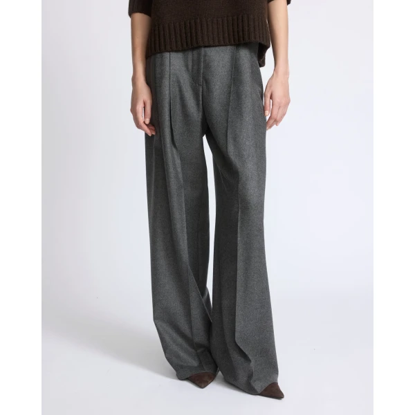 Yves Salomon Wool and Cashmere Pleated Wide Trousers in Grey | Wide leg pants | Coveti