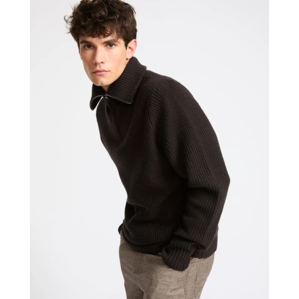 Yves Salomon Zip-Front Wool and Cashmere Trucker Collar Sweater in Brown | Men's Knitwear | Coveti