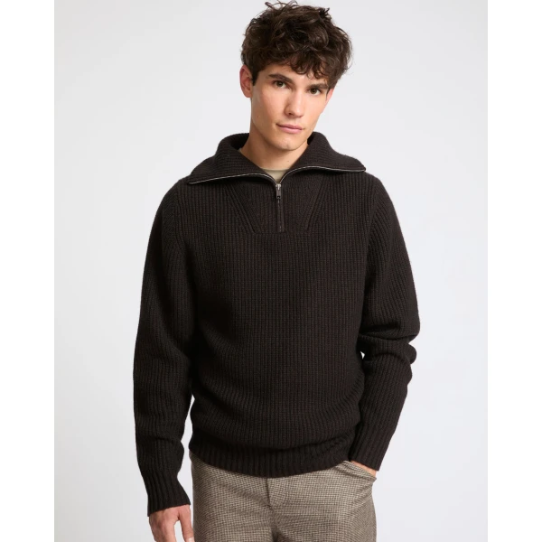Yves Salomon Zip-Front Wool and Cashmere Trucker Collar Sweater in Brown | Men's Knitwear | Coveti