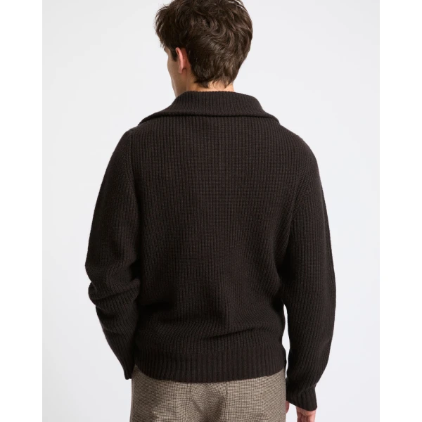 Yves Salomon Zip-Front Wool and Cashmere Trucker Collar Sweater in Brown | Men's Knitwear | Coveti