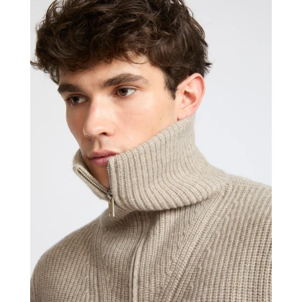Yves Salomon Zip-Front Wool and Cashmere Trucker Collar Sweater in Sand | Men's Knitwear | Coveti