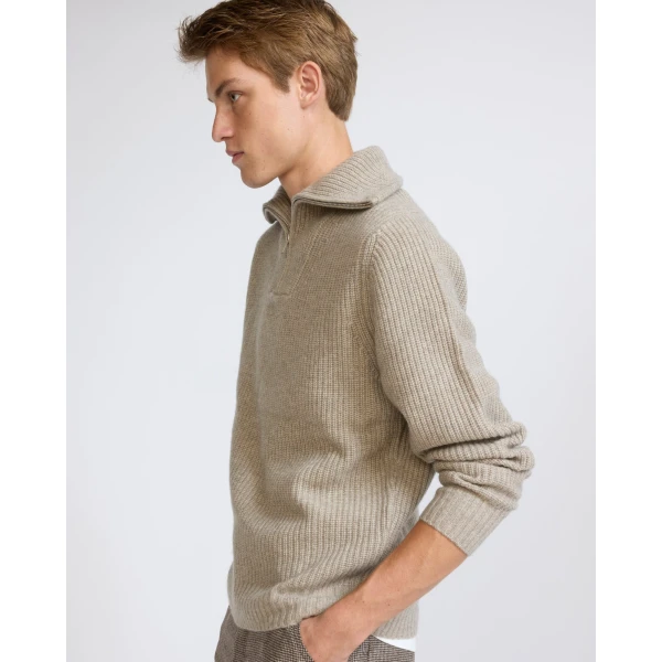 Yves Salomon Zip-Front Wool and Cashmere Trucker Collar Sweater in Sand | Men's Knitwear | Coveti