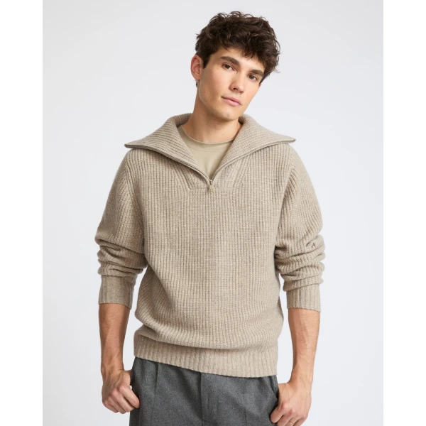 Yves Salomon Zip-Front Wool and Cashmere Trucker Collar Sweater in Sand | Men's Knitwear | Coveti