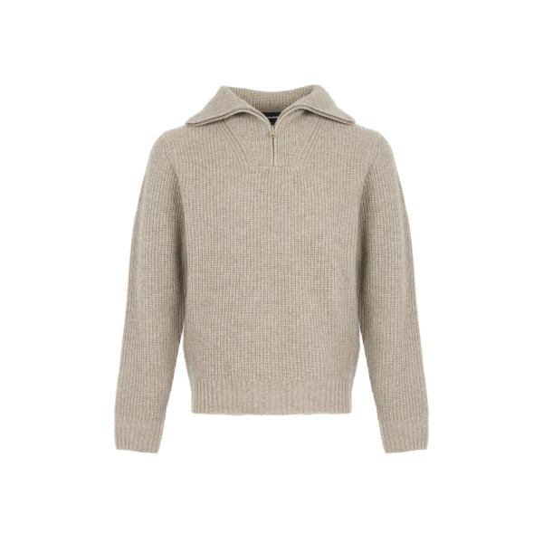Yves Salomon Zip-Front Wool and Cashmere Trucker Collar Sweater in Sand | Men Clothing | Coveti