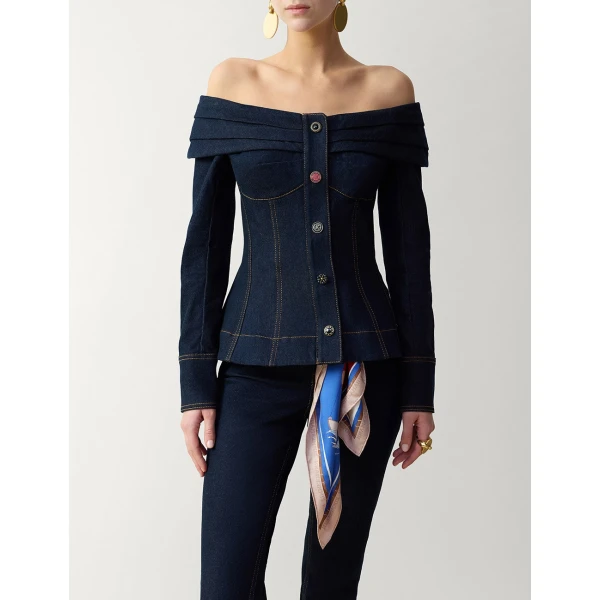 Zimmermann Clash Denim Boatneck Top in Blue | Tops | Coveti, view 2