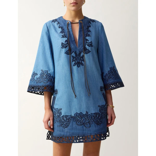 Zimmermann Echo Denim Applique Mini Dress in Blue | Mini Dresses | Coveti, view 2