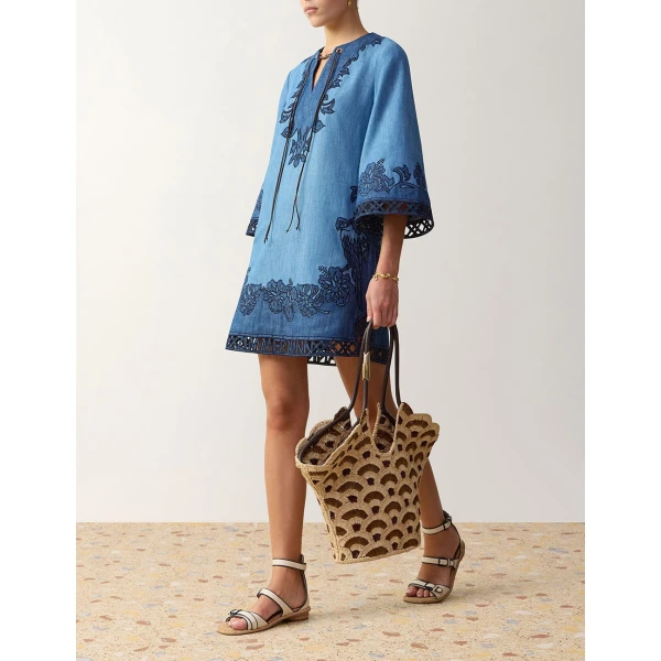 Zimmermann Echo Denim Applique Mini Dress in Blue | Mini Dresses | Coveti, view 3