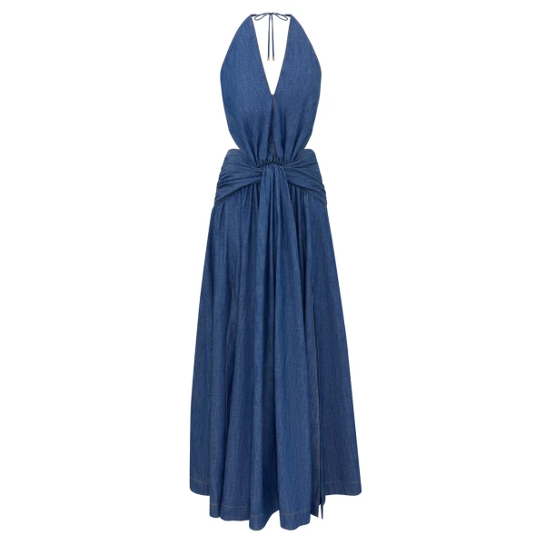 Echo Denim Plunge Halter Dress