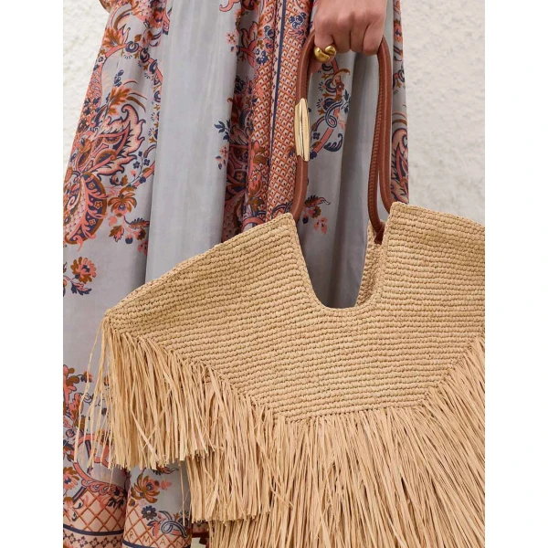Zimmermann Goldentime Medium Fringe Tote in Beige, view 6