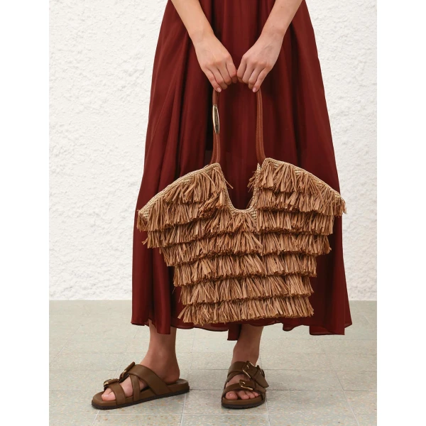 Zimmermann Goldentime Medium Fringe Tote in Beige, view 6