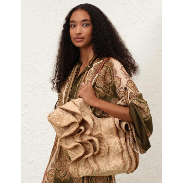Zimmermann Goldentime Medium Ruffle Tote in Beige, view 2