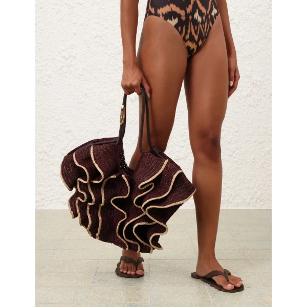 Zimmermann Goldentime Medium Ruffle Tote in Brown, view 6