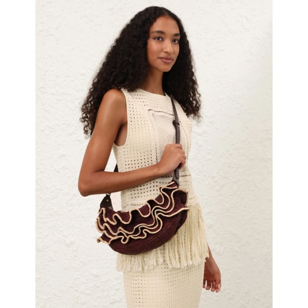 Zimmermann Goldentime Ruffle Shoulder Bag in Brown, view 4