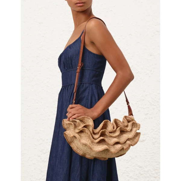 Zimmermann Goldentime Ruffle Shoulder Bag in Beige, view 5