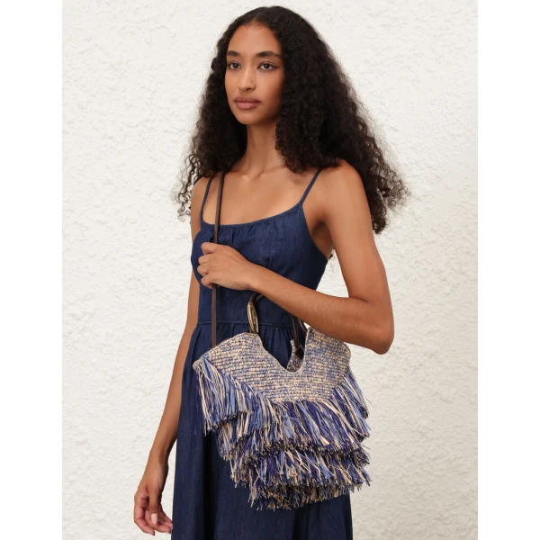 Zimmermann Goldentime Small Fringe Tote in Blue, view 2