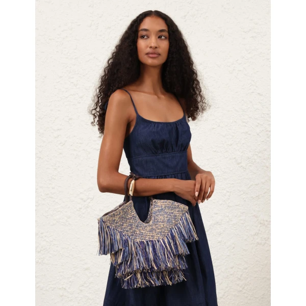 Zimmermann Goldentime Small Fringe Tote in Blue, view 4