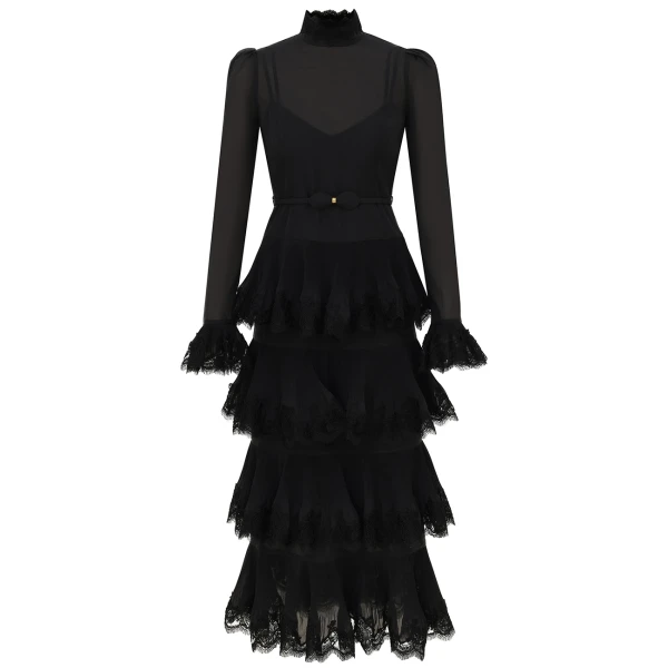 Lace Pleated Long Sleeve Midi