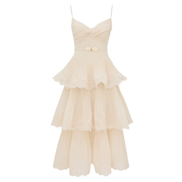 Lace Pleated Tiered Midi Dress