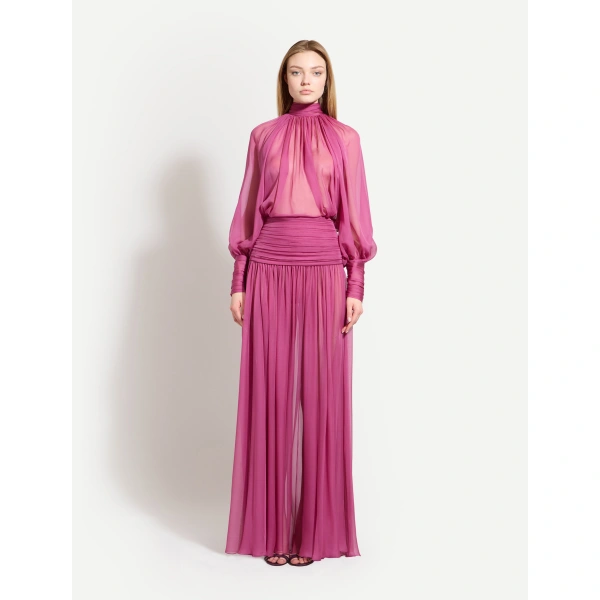 Zuhair Murad Draped Chiffon Long Skirt in Violet Quartz | Maxi Skirts | Coveti