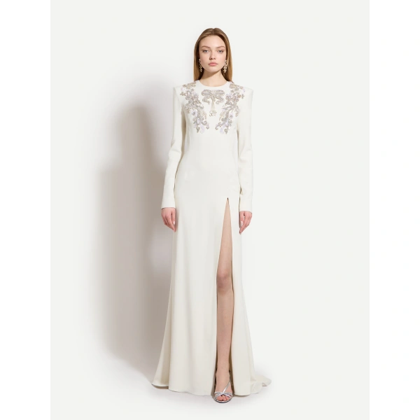Zuhair Murad Embroidered Cady Dress in Eggnog and Silver | Evening Gowns | Coveti