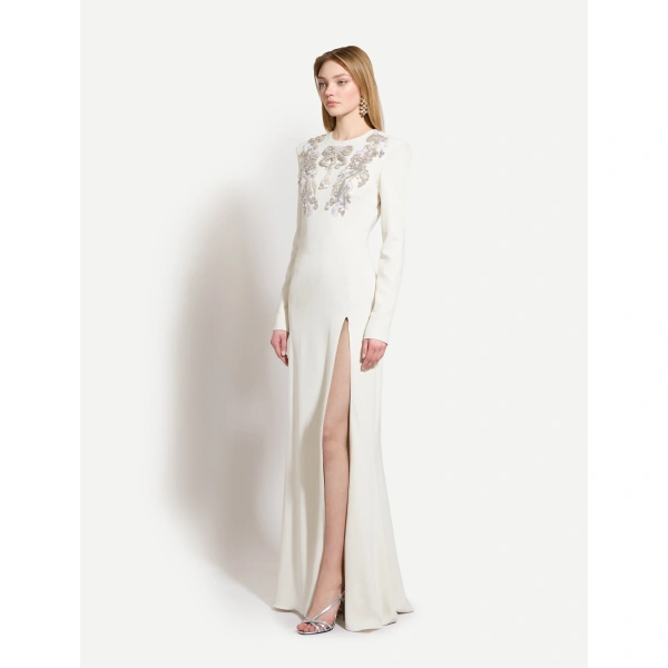 Zuhair Murad Embroidered Cady Dress in Eggnog and Silver | Evening Gowns | Coveti