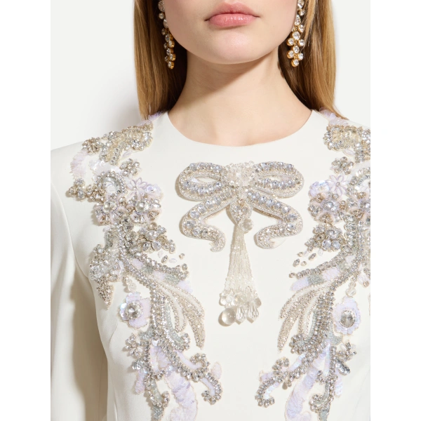 Zuhair Murad Embroidered Cady Dress in Eggnog and Silver | Evening Gowns | Coveti