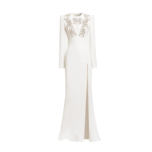 Embroidered Cady Dress in Eggnog and Silver