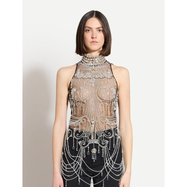 Zuhair Murad Embroidered Halter Top in Black and Silver | Sequin & Embellished Tops | Coveti