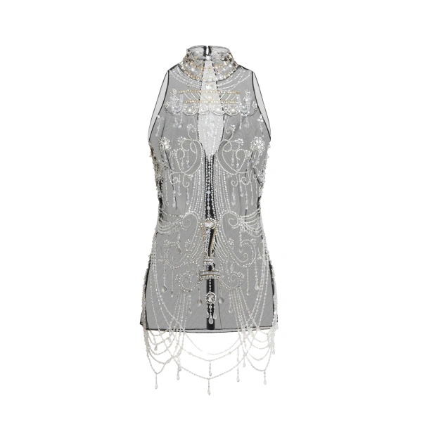 Embroidered Halter Top in Black and Silver