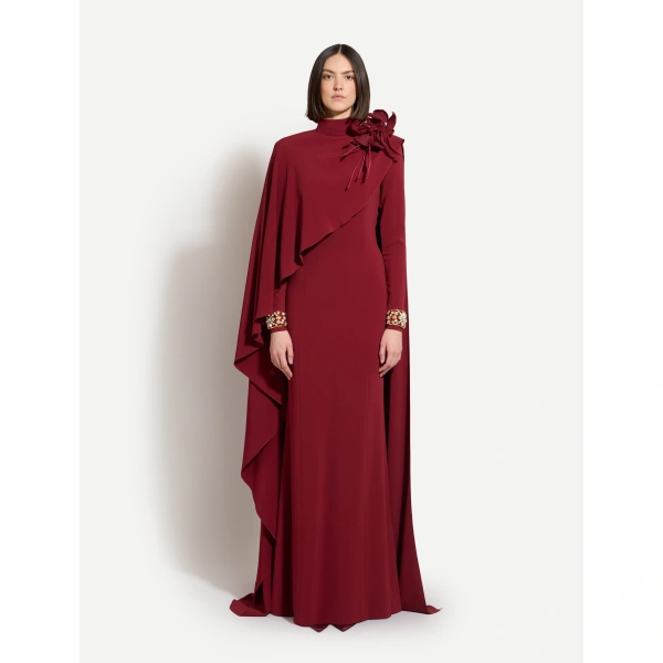 Zuhair Murad Floral Detail Cady Long Dress in Tawny Port | Evening Gowns | Coveti