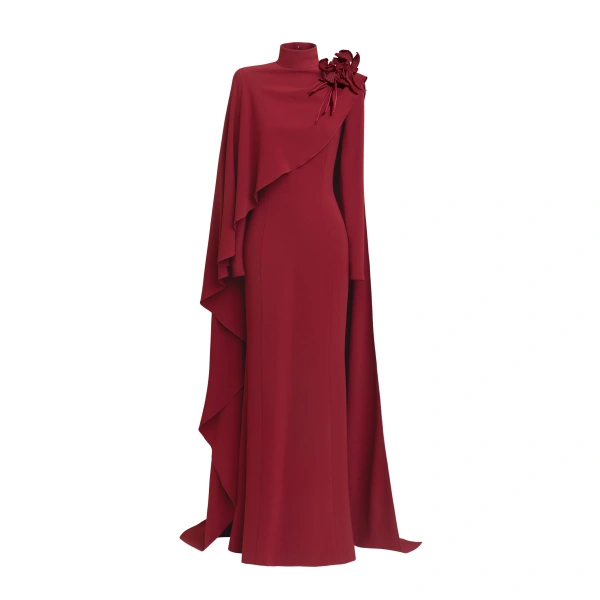 Floral Detail Cady Long Dress in Tawny Port
