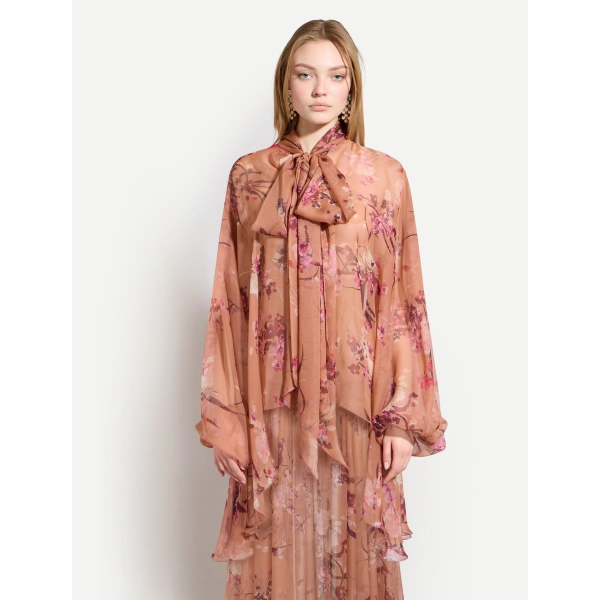Zuhair Murad Floral Printed Chiffon Blouse in Flying Flower Sunburn | Blouses | Coveti