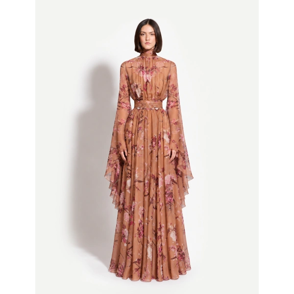 Zuhair Murad Floral Printed Chiffon Long Dress in Flying Flower Sunburn | Maxi Dresses | Coveti