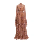 Zuhair Murad Floral Printed Chiffon Long Dress in Flying Flower Sunburn | Maxi Dresses | Coveti