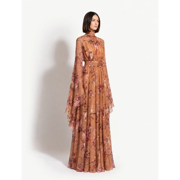 Zuhair Murad Floral Printed Chiffon Long Dress in Flying Flower Sunburn | Maxi Dresses | Coveti